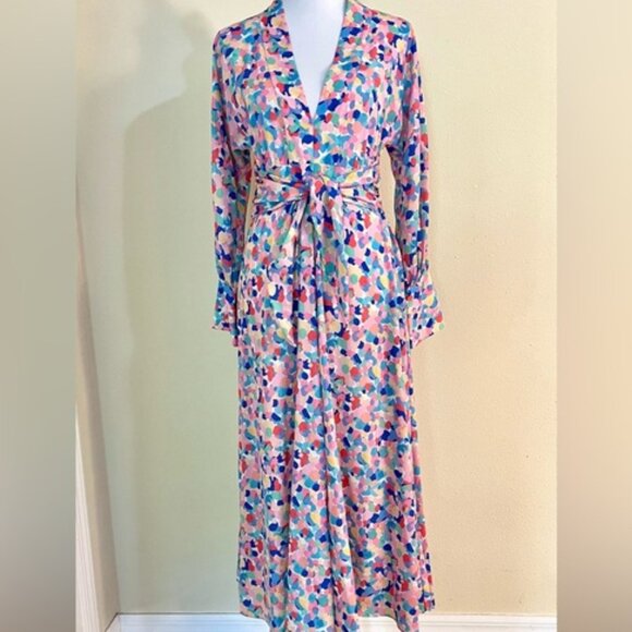 Paloma Blue Bronte Crepe de chine Tie Waist deep V Midi Dress Confetti print M - Picture 8 of 9